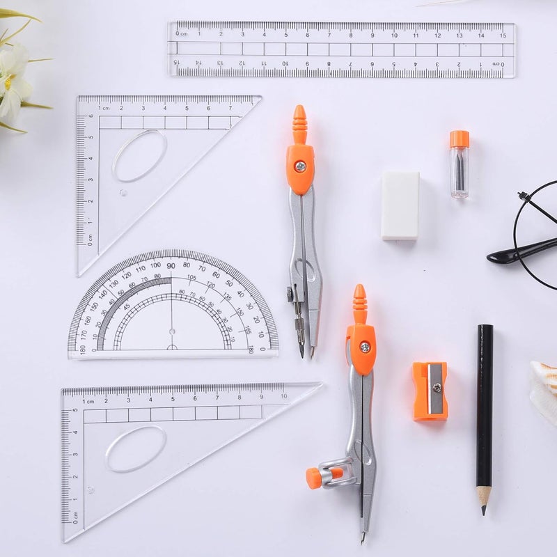 Vobou Math Geometry Kit Sets 10 Piece Student Supplies with Shatterproof Storage Box,Includes Rulers,Protractor,Compass,Eraser,Pencil Sharpener,Lead Refills,Pencil,for Drafting（Orange） - Image 3